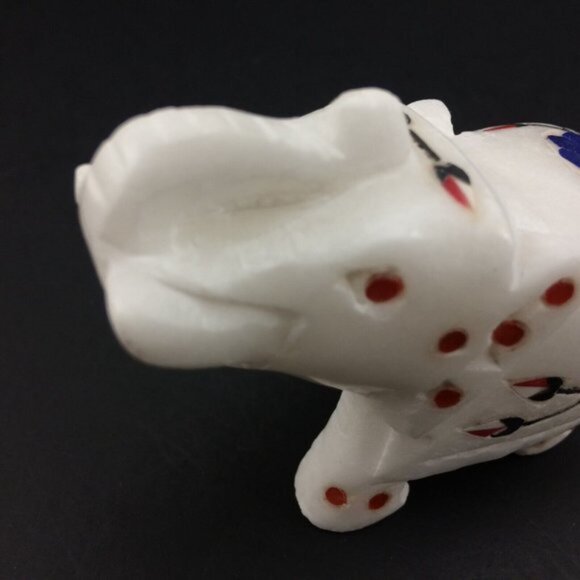 White Marble Elephant Figurine with Stone Inlay Floral Motif Trunk Up Handmade - Picture 12 of 16